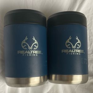 Lot of 2 Stainless Steel Can Holder Koozie Insulated Navy Blue Realtree Fishing